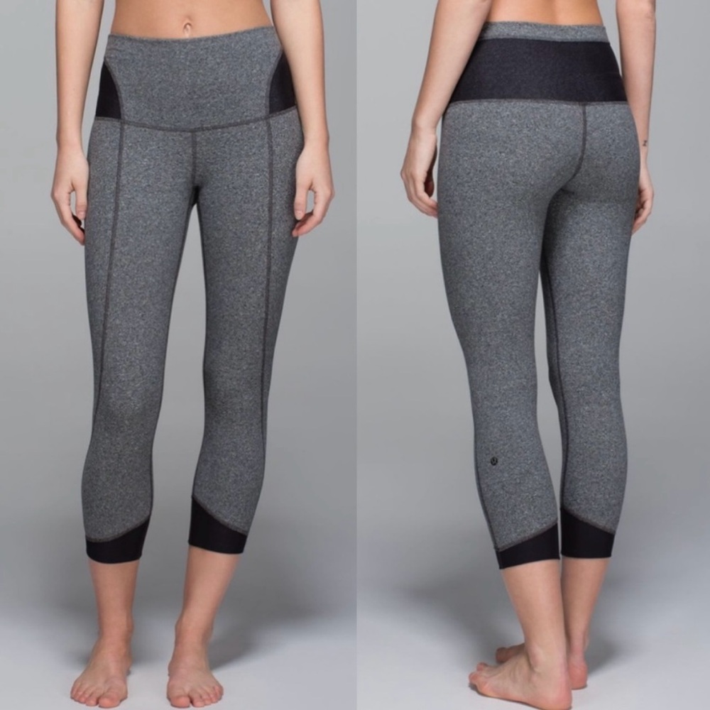 Lululemon Devi Yoga Crop heathered speckled black with mesh leggings